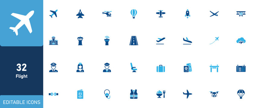 Comprehensive aviation and airport travel icon set featuring various transportation symbols for modern digital design projects