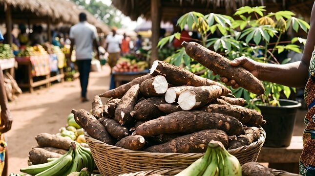 Hand holding raw cassava root over basket at outdoor market