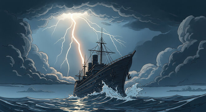 Majestic steamship navigating through violent turbulent ocean waves under a dramatic dark sky with bright lightning strikes during stormy weather