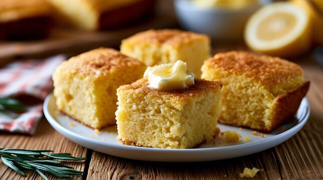Golden brown cornbread squares topped with butter  arranged on a white plate with fresh herbs and lemon in the background