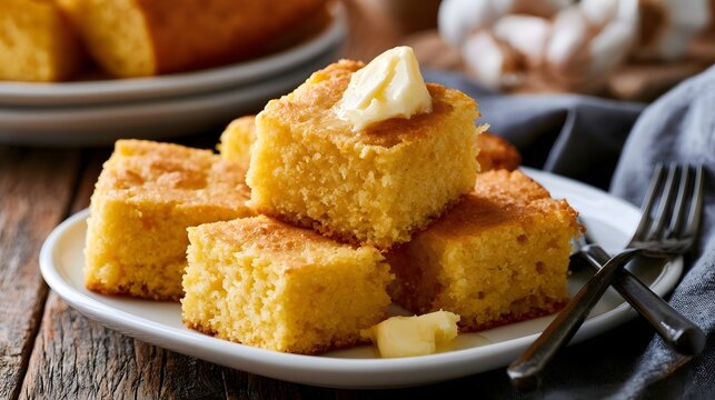 Golden cornbread squares topped with butter  served on a white plate with rustic wooden background