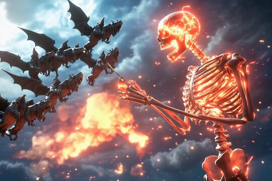 Glowing fractured skeleton interacts with gargoyles under a stormy sky