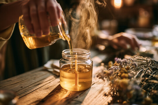 Candle maker pouring melted wax into a glass jar mold