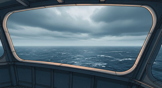 Vast blue ocean waves viewed from inside a ship bridge window with stormy grey cloudy sky during a calm day