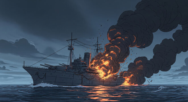 Massive naval battleship engulfed in bright orange flames and thick black smoke while sailing across a dark stormy ocean scene