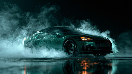 Obraz premium Cinematic shot of a powerful modern luxury vehicle emerging from thick teal mist on a reflecting wet surface