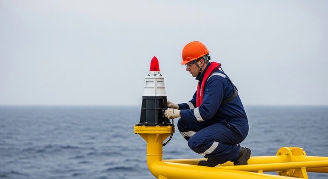 Maritime technician installing and maintaining navigational buoy system at sea for safe sea passage