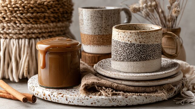 A rustic artisan composition featuring caramel topping displayed beside handcrafted ceramics and woven natural textures