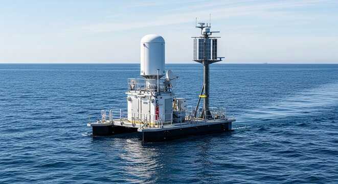 Modern offshore monitoring platform with advanced equipment for oceanic data collection at sea