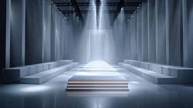 Fashion runway podium, elegant and modern, studio lighting 