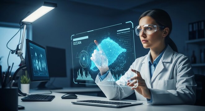 Ocean data analyst scientist studying futuristic holographic display in modern laboratory