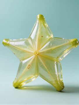A large starfruit sculpture recreated entirely from translucent inflatable plastic, distinctive five-pointed star shape with soft rounded edges, delicate longitudinal folds and glossy transparent
