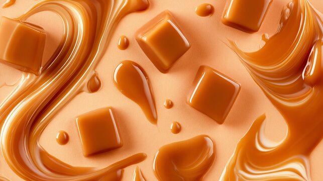 A top-down confectionery composition featuring caramel topping on a warm caramel-colored background creating rich visual energy