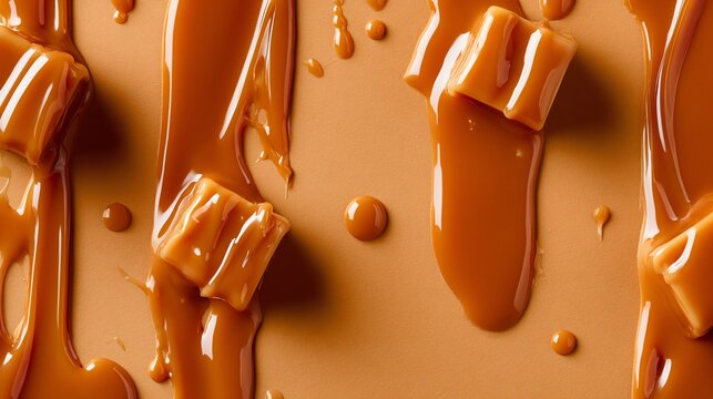 A top-down confectionery composition featuring caramel topping on a warm caramel-colored background creating rich visual energy