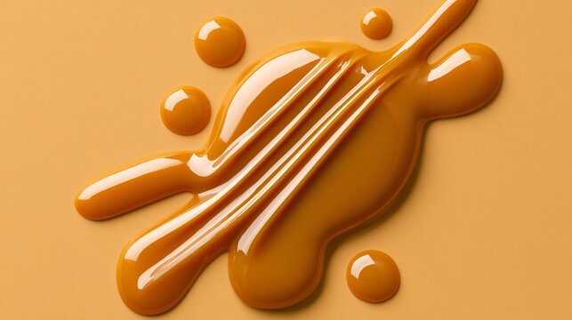 A top-down confectionery composition featuring caramel topping on a warm caramel-colored background creating rich visual energy