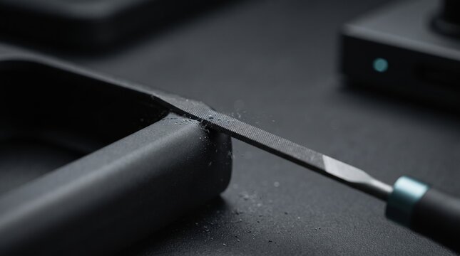 A skilled hand meticulously files a piece of equipment, shaping it with precision in a well-lit workshop. The background holds various tools, showcasing creativity and craftsmanship.