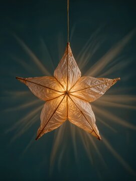 A beautiful five-pointed star-shaped Chinese festival lantern recreated from transparent inflated plastic, softly rounded inflated geometry, detailed wrinkles and seams, warm amber internal glow