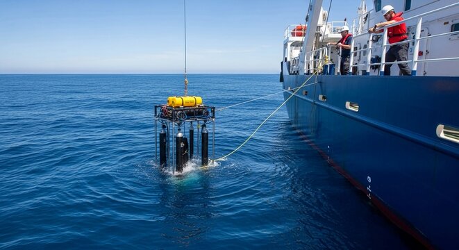 Scientific research equipment being deployed from a large vessel into the deep blue ocean waters under a clear sky