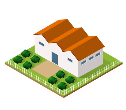 Isometric house with garden beds and fence