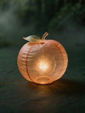 A peach-shaped Mid-Autumn Festival lantern recreated from transparent inflatable plastic, rounded fruit silhouette with a small translucent leaf and stem, warm amber internal glow, intricate folds and