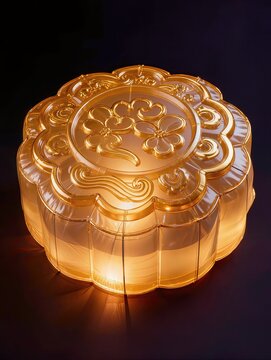 A surreal mooncake-shaped lantern made entirely from transparent inflatable plastic, round pastry silhouette with intricate traditional embossed patterns, warm golden light glowing from inside