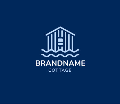 Linear vector logo of a beach hut with sea waves on dark blue background. Modern outline design for tourism, coastal accommodation, and real estate branding