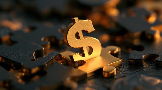 Golden dollar symbol rising from black scattered puzzle piece surface with soft focus background representing financial success and economic growth concept