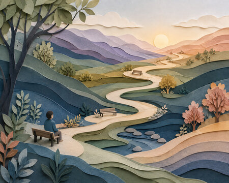 Winding Path Through Layered Landscape Symbolizing Recovery and Personal Growth