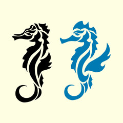 Intricate tribal seahorse silhouette illustrations in black and blue artistic styles © Ardi