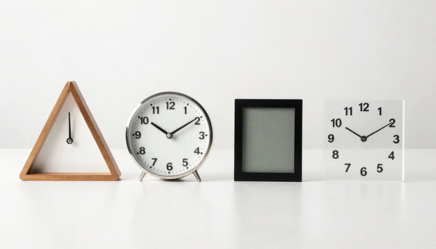 Collection of modern desk clocks and digital timer on white background
