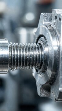 Close-up view of a metallic threaded bolt and nut assembly showcasing precision engineering in a mechanical workshop setting with blurred background elements