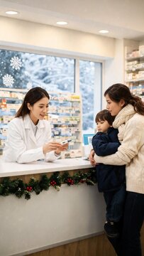 Asian female pharmacist in white coat discusses medication with mother holding child at pharmacy counter, winter scenery visible through the window