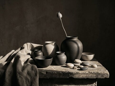 Rustic pottery arrangement on a stone table with smooth pebbles  