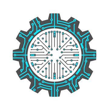 Abstract High Tech Industrial Automation Logo Presentation Background, Geometric Circuit Lines Gear Icon Bright Cyan Dark Iron Gray Vector Design