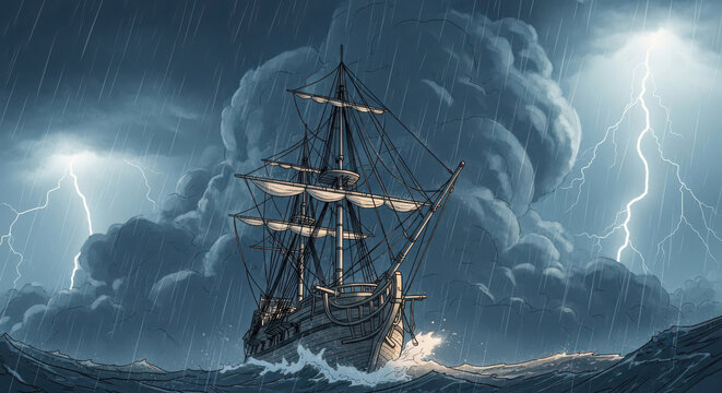 Majestic wooden galleon ship sails across dark churning ocean waves during intense thunderstorm with bright lightning flashes illuminating heavy clouds
