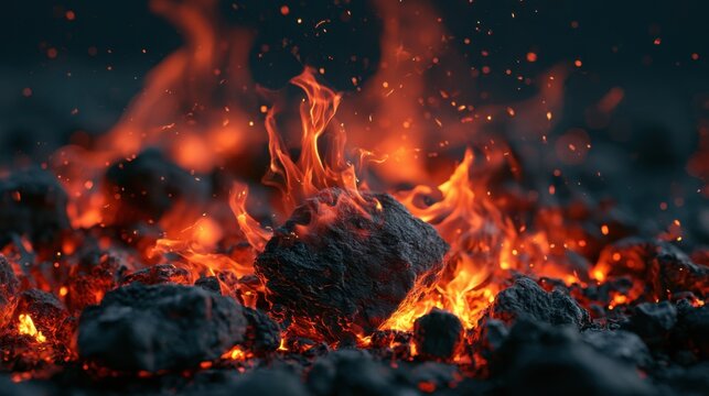 Close-up view of glowing hot coal burning with bright orange red flame and embers on dark background in fiery intense heat energy combustion scene