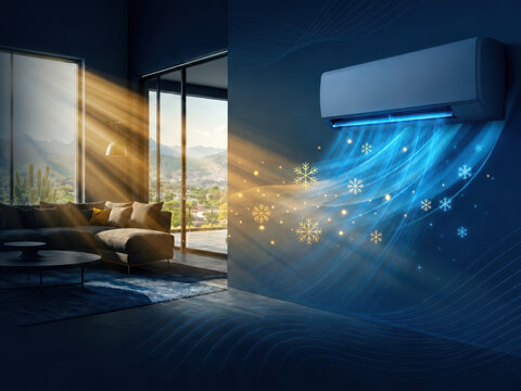 Modern split air conditioning system in a stylish contemporary living room, combining warm natural sunlight with cool blue airflow. Visual contrast between heating and cooling creates a sophisticated 