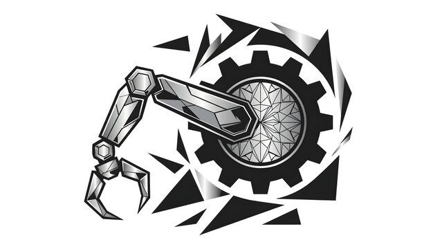 Sleek Vector Logo Concept Presentation Background, Robotic Arm Integrated Mechanical Gear Dynamic Sharp Geometry Black Metallic Silver Vector Design