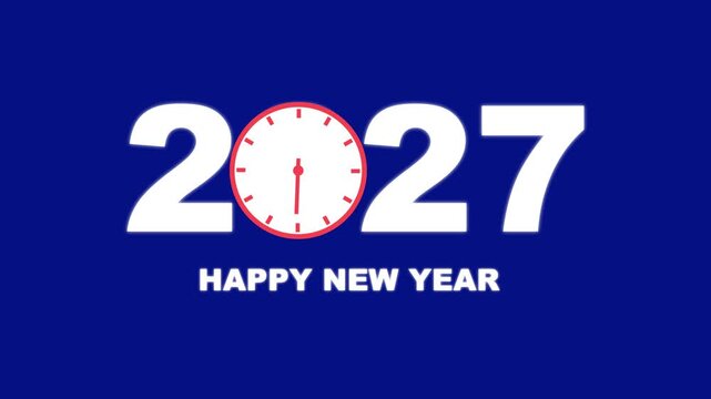 2027 New Year Countdown by Clock. Waiting for new year. 2027 New Year Loading Concept Animation. Analog clock spinning animation in 2027 text.
