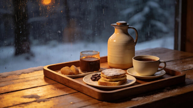 Cozy breakfast tray by snowy window