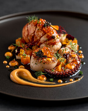 Avant-garde seafood dish featuring lobster, scallop and octopus, geometric vegetable elements, colorful seafood reductions, edible flowers, sculptural sauce placement, matte black plate