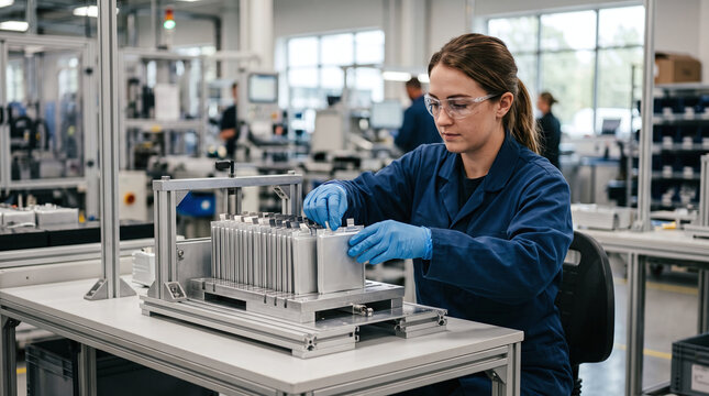 Female technician assembling EV battery cell stack on modern production line