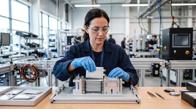 Female engineer assembling lithium battery cell stack in precision jig press