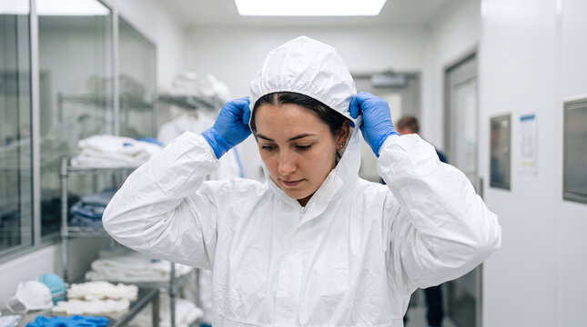 Female researcher putting on protective cleanroom hood in sterile gowning room