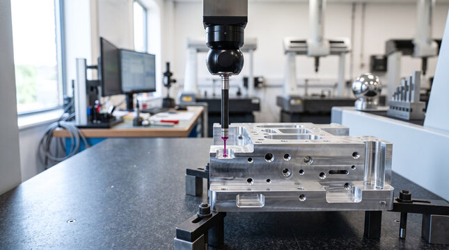 CMM touch probe measuring precision machined metal part in quality control lab