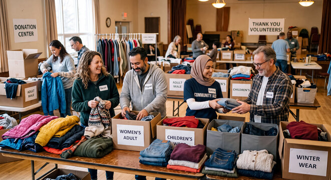 Diverse group of volunteers organizing donated clothing into boxes for charity