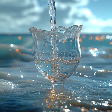 Water flows smoothly into a glass mingling with shimmering ocean waves