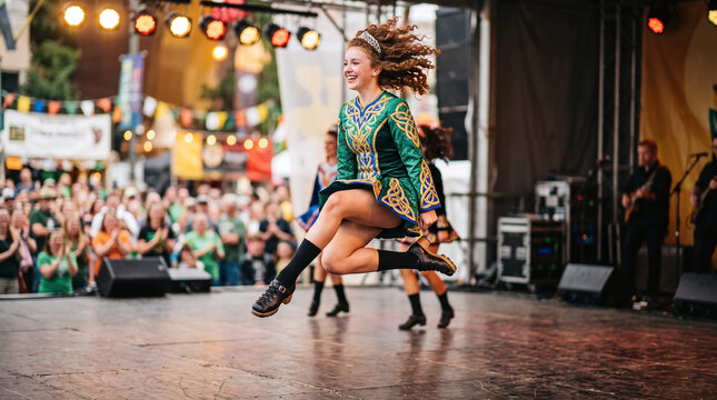Energetic Irish dancer leaping on stage in traditional green dress at festival