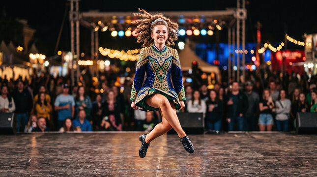 Irish step dancer leaping on an outdoor stage during a lively night festival