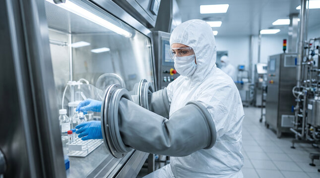Female scientist handling sterile vials inside cleanroom isolator glove box